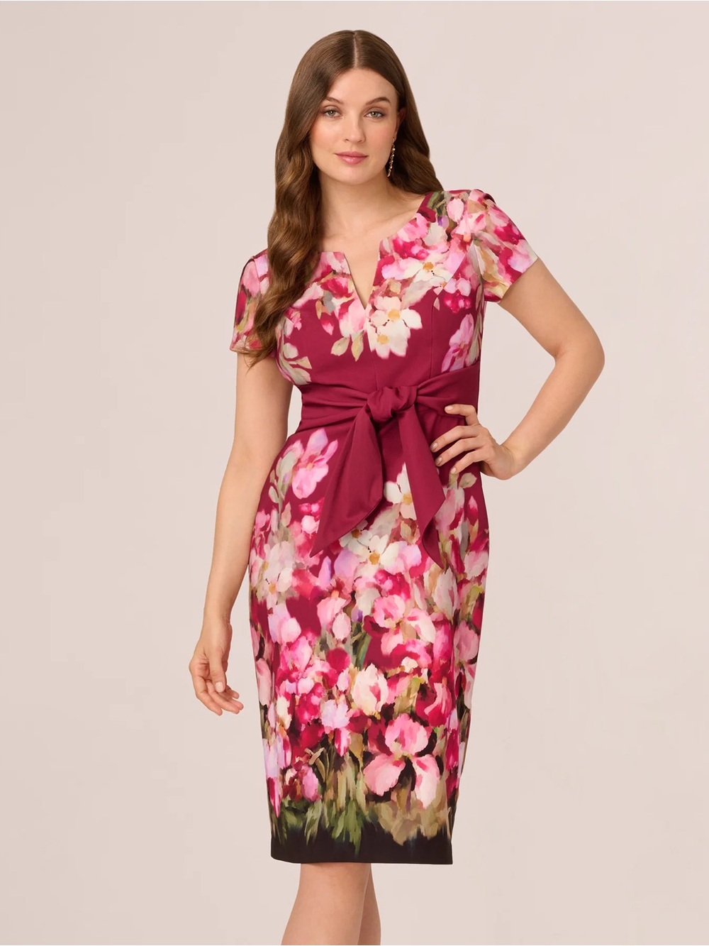 Adrianna Papell Short Sleeve Iris Floral In Berry-Multi Tie-Waist Sheath Dress